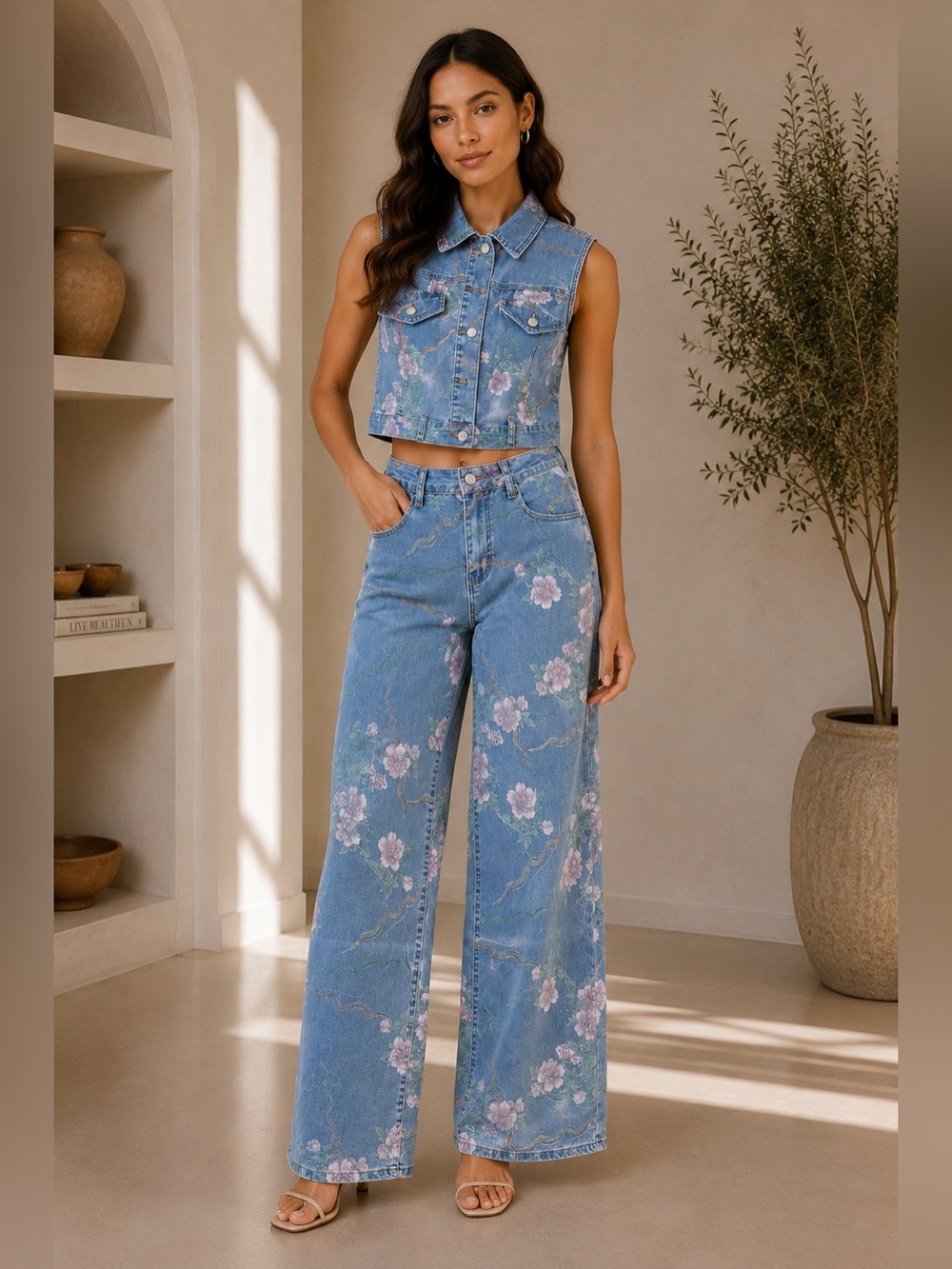 High-Rise Floral Wide-Leg Denim Pants - Blue